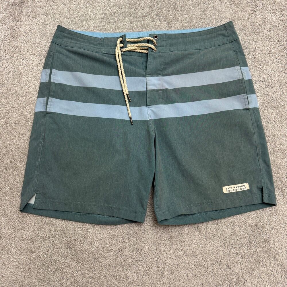 Fair Harbor Unlined Board Shorts Swim Trunks Mens 34 Green Striped Drawstring